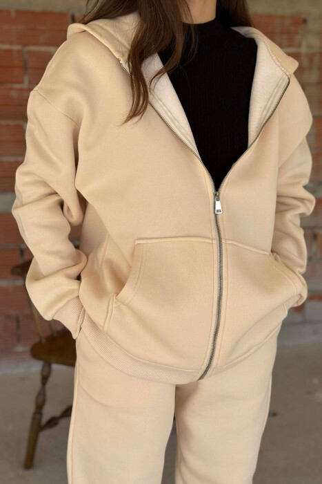 SIMPLE HOODED WOMEN FLUFFY SET CREAM/KREM - 8