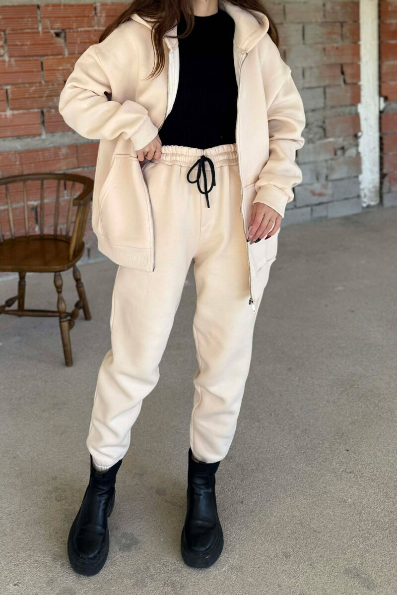 SIMPLE HOODED WOMEN FLUFFY SET CREAM/KREM - 9