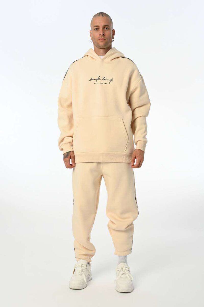 SIMPLE HOODED MEN FLUFFY SET CREAM/KREM - 1