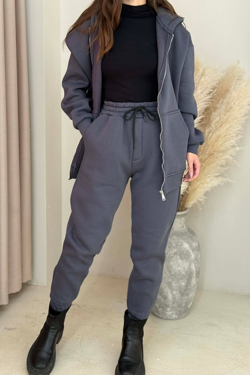 SIMPLE HOODED WOMEN FLUFFY SET DARK GREY/GEE - 1