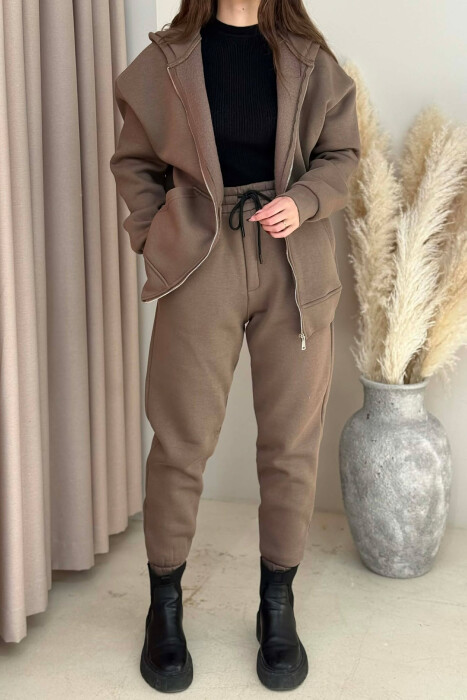 SIMPLE HOODED WOMEN FLUFFY SET LIGHT BROWN/KAZB 