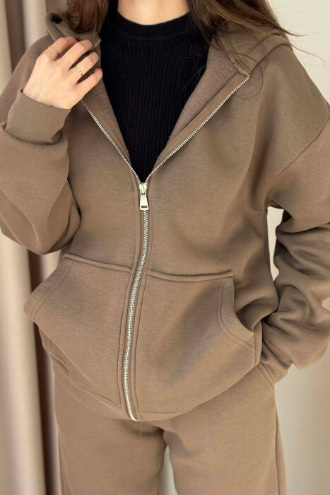 SIMPLE HOODED WOMEN FLUFFY SET LIGHT BROWN/KAZB - 2