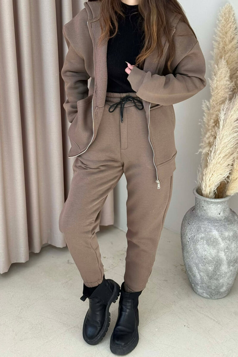 SIMPLE HOODED WOMEN FLUFFY SET LIGHT BROWN/KAZB - 4