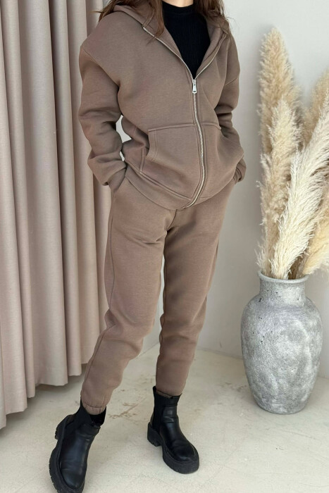 SIMPLE HOODED WOMEN FLUFFY SET LIGHT BROWN/KAZB - 6