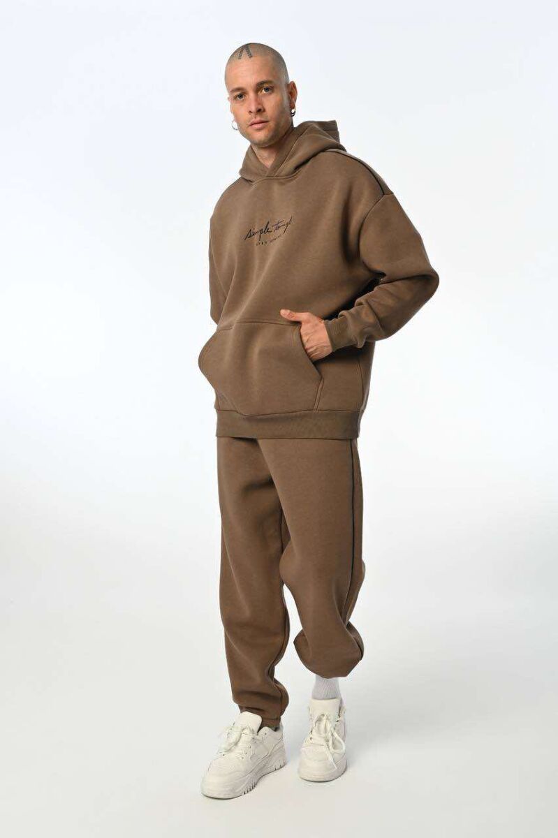 SIMPLE HOODED MEN FLUFFY SET LIGHT BROWN/KAZB - 1