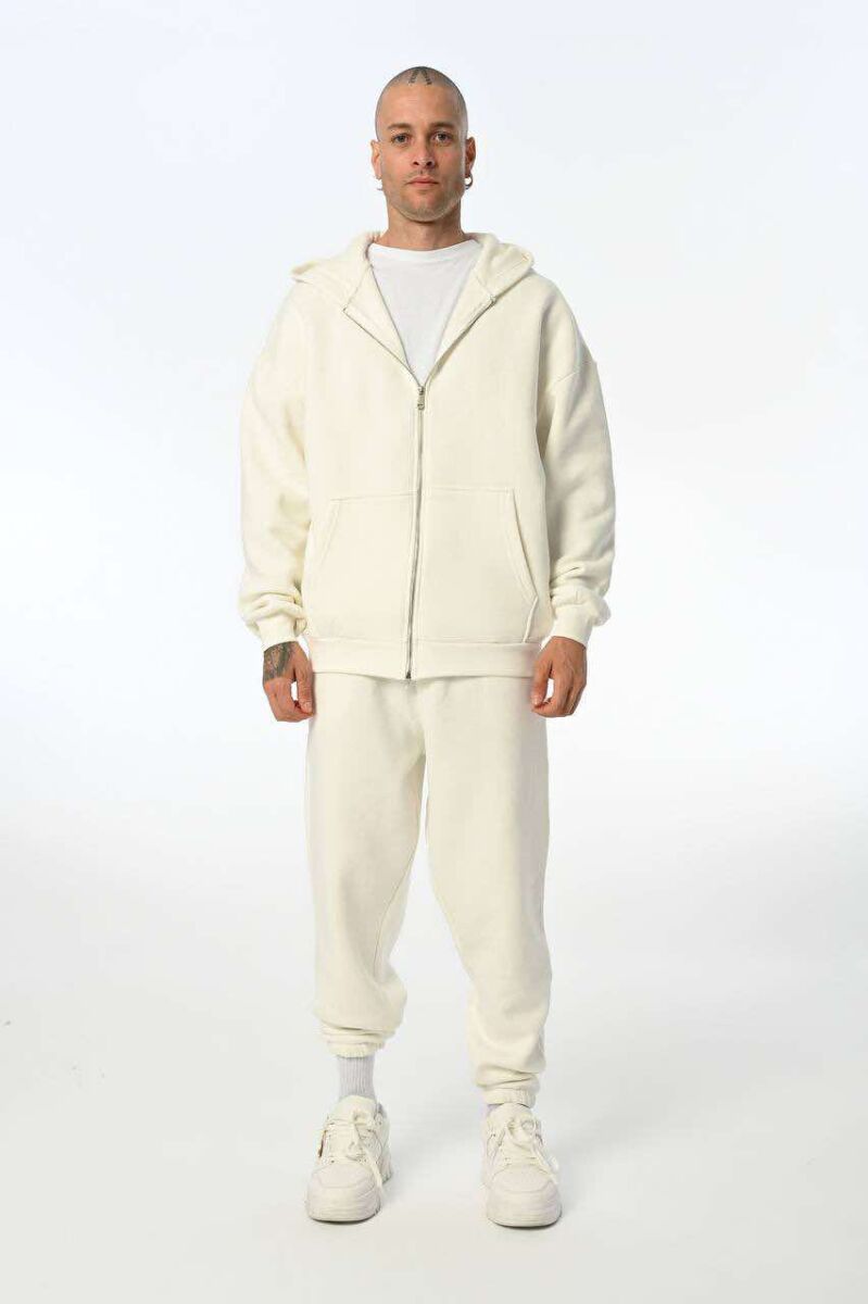 SIMPLE HOODED MEN FLUFFY SET WHITE-E BARDHE - 1