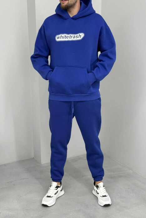 SIMPLE HOODIE+JOGGERS WRITTINGS FLUFFY MEN SET BLUE/BLU - 1