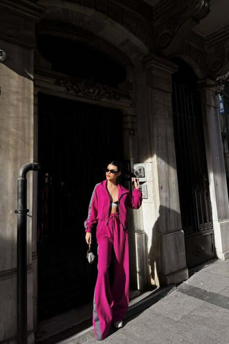 SIMPLE JACKET+TROUSERS STRIPED WOMEN SET FUCHSIA/CIKLAMI - KLAUDIO FASHION