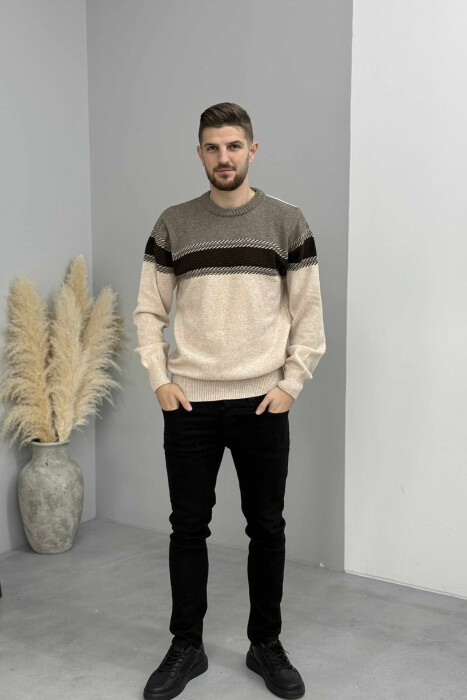 SIMPLE KNITTED MEN SWEATER LIGHT BROWN/KAZB 
