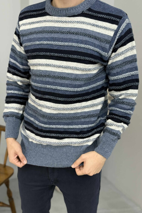 SIMPLE KNITTED STRIPES MEN SWEATER LIGHTBLUE/BZ 