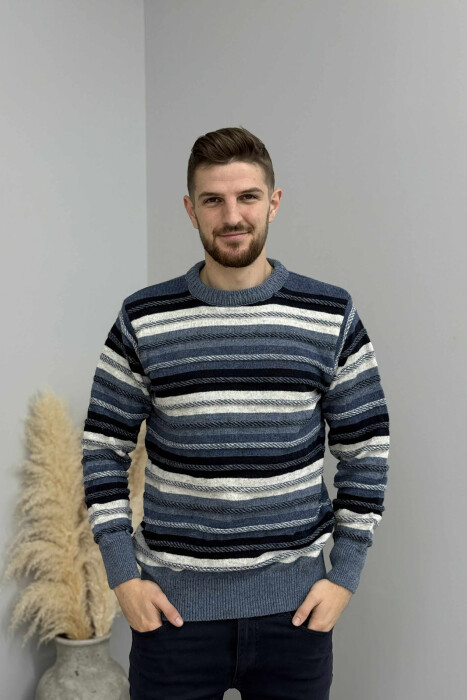 SIMPLE KNITTED STRIPES MEN SWEATER LIGHTBLUE/BZ - 3