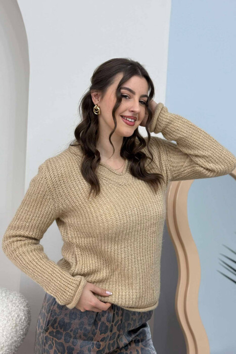 SIMPLE KNITTED WOMEN SWEATER BEIGE/BEZHE - 3