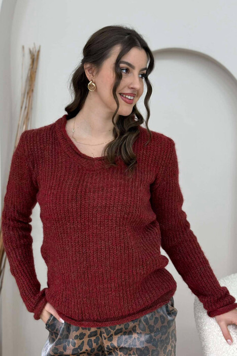 SIMPLE KNITTED WOMEN SWEATER BRICK/TULLE - 4