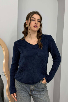 SIMPLE KNITTED WOMEN SWEATER DARK BLUE/BEE 