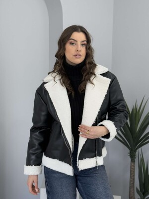 SIMPLE LEATHER FLUFFY WOMEN JACKET BLACK/ E ZEZE 