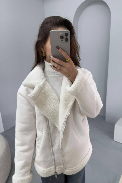 SIMPLE LEATHER FLUFFY WOMEN JACKET IN WHITE COLOR - 1