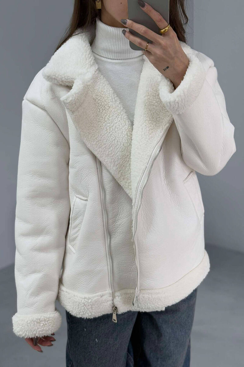 SIMPLE LEATHER FLUFFY WOMEN JACKET IN WHITE COLOR - 3