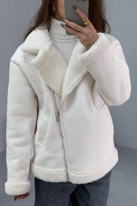 SIMPLE LEATHER FLUFFY WOMEN JACKET IN WHITE COLOR - 4