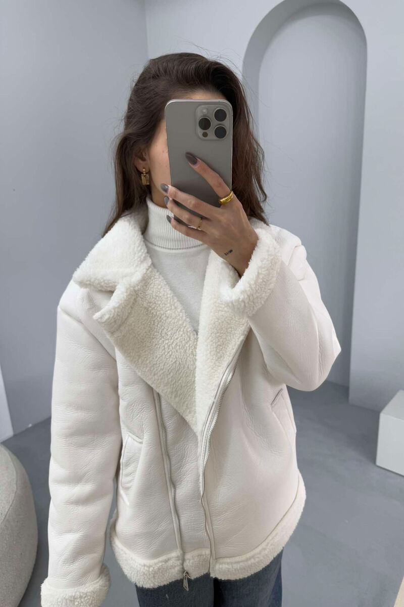 SIMPLE LEATHER FLUFFY WOMEN JACKET WHITE-E BARDHE - 1