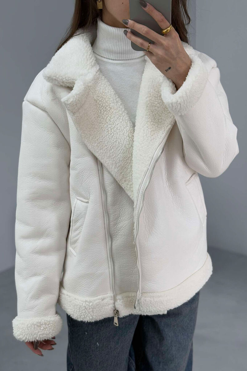 SIMPLE LEATHER FLUFFY WOMEN JACKET WHITE-E BARDHE - 3