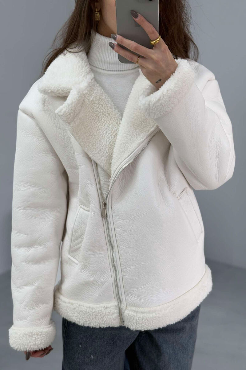 SIMPLE LEATHER FLUFFY WOMEN JACKET WHITE-E BARDHE - 4