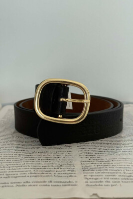 SIMPLE LEATHER OVAL BUCKLE WOMEN BELT BLACK+GOLD/ZEGO 