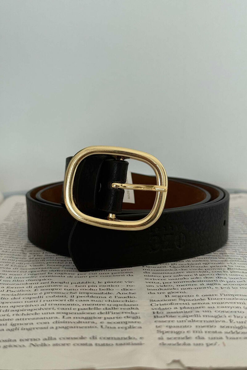 SIMPLE LEATHER OVAL BUCKLE WOMEN BELT BLACK+GOLD/ZEGO - 1