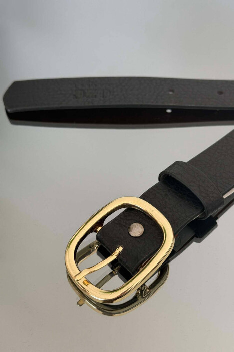 SIMPLE LEATHER OVAL BUCKLE WOMEN BELT BLACK+GOLD/ZEGO - 2