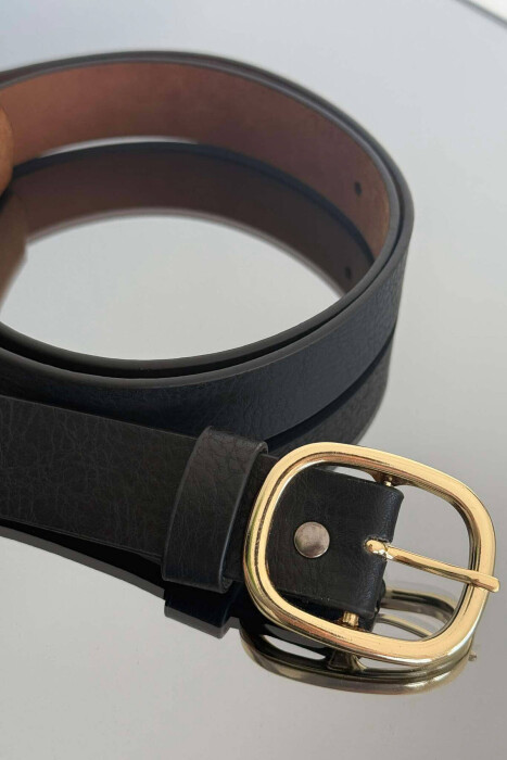 SIMPLE LEATHER OVAL BUCKLE WOMEN BELT BLACK+GOLD/ZEGO - 3