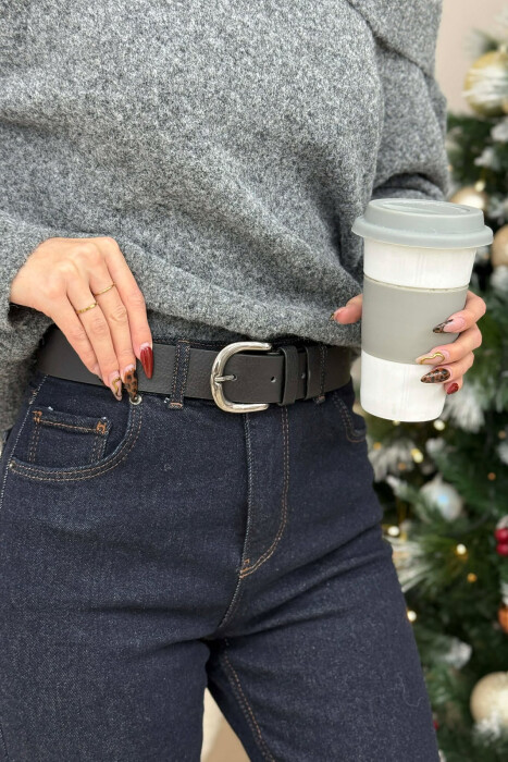 SIMPLE LEATHER OVAL BUCKLE WOMEN BELT BLACK+SILVER/ZEZE+ARGJEND - KLAUDIO FASHION