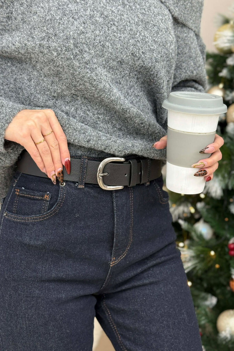 SIMPLE LEATHER OVAL BUCKLE WOMEN BELT BLACK+SILVER/ZEZE+ARGJEND - 1