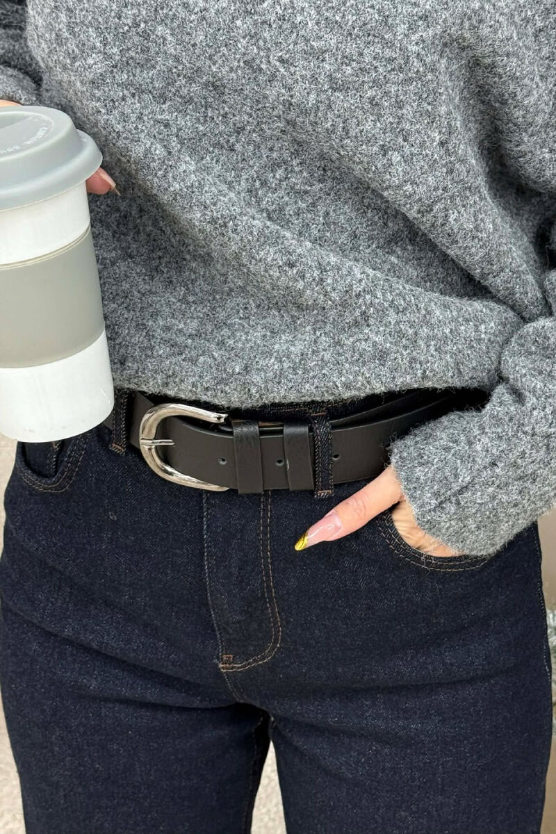 SIMPLE LEATHER OVAL BUCKLE WOMEN BELT BLACK+SILVER/ZEZE+ARGJEND - 2