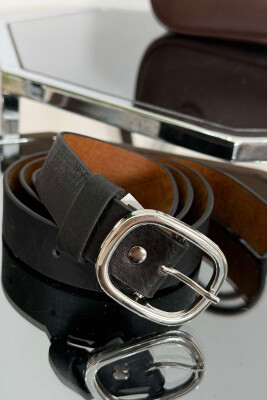 SIMPLE LEATHER OVAL BUCKLE WOMEN BELT BLACK+SILVER/ZEZE+ARGJEND 