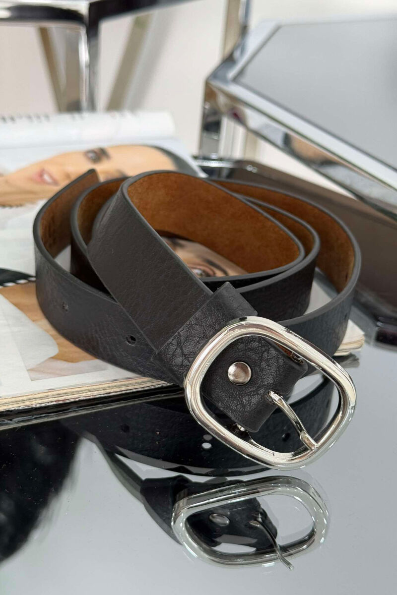 SIMPLE LEATHER OVAL BUCKLE WOMEN BELT BLACK+SILVER/ZEZE+ARGJEND - 2