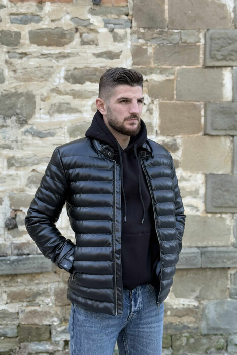 SIMPLE LEATHER PUFFER BELT-NECK MEN JACKET BLACK/ E ZEZE - 1