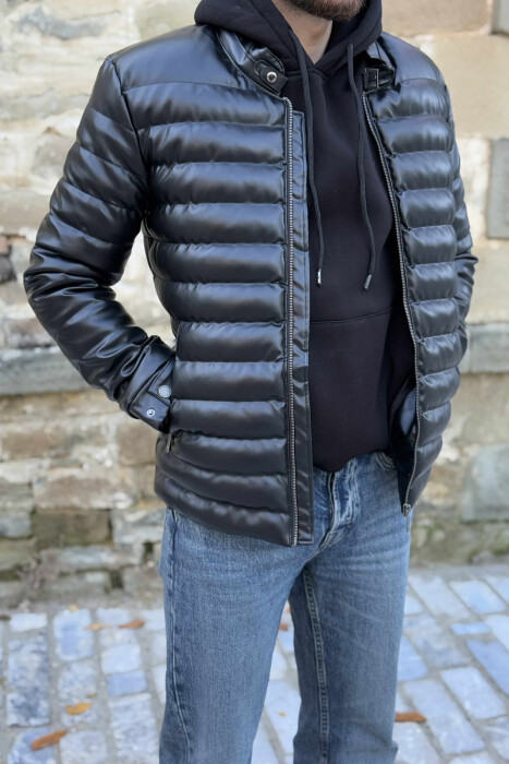 SIMPLE LEATHER PUFFER BELT-NECK MEN JACKET BLACK/ E ZEZE - 2