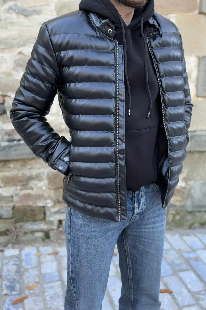 SIMPLE LEATHER PUFFER BELT-NECK MEN JACKET BLACK/ E ZEZE - 2