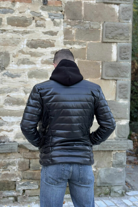 SIMPLE LEATHER PUFFER BELT-NECK MEN JACKET BLACK/ E ZEZE - 3