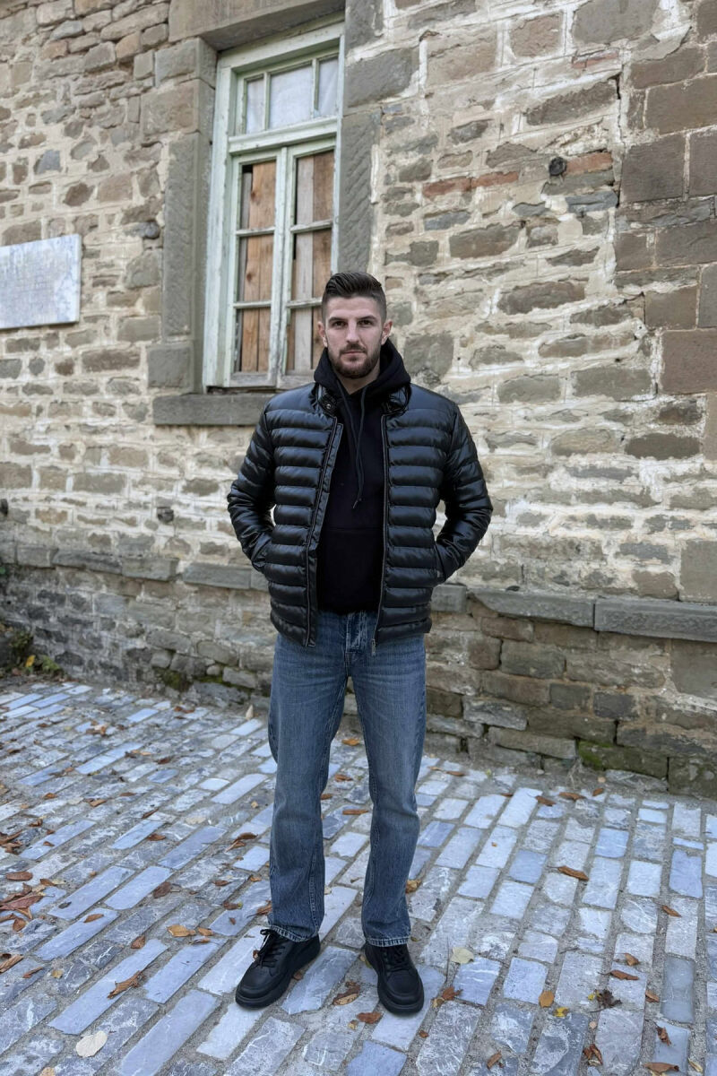 SIMPLE LEATHER PUFFER BELT-NECK MEN JACKET BLACK/ E ZEZE - 5