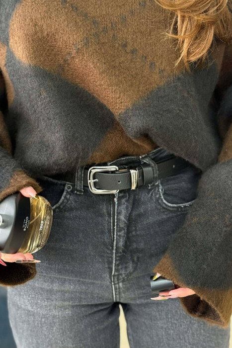 SIMPLE LEATHER WOMEN BELT BLACK+SILVER/ZEZE+ARGJEND - KLAUDIO FASHION