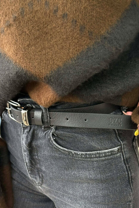 SIMPLE LEATHER WOMEN BELT BLACK+SILVER/ZEZE+ARGJEND - 2