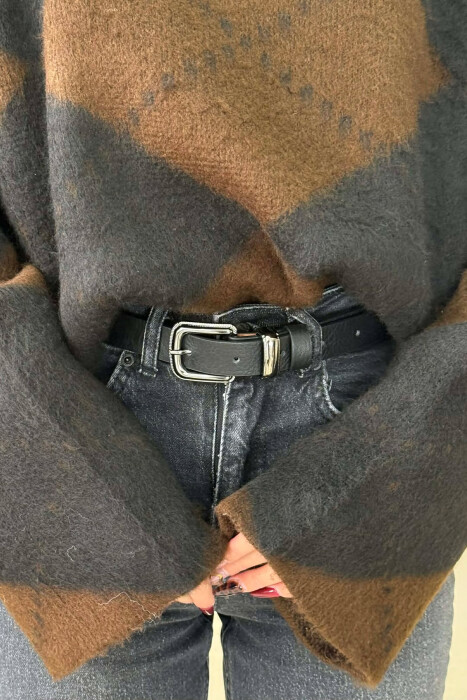 SIMPLE LEATHER WOMEN BELT BLACK+SILVER/ZEZE+ARGJEND - 3