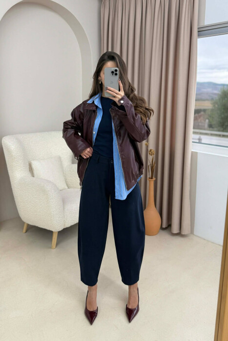 SIMPLE LEATHER WOMEN JACKET BURGUNDY/VISHNJE - 1