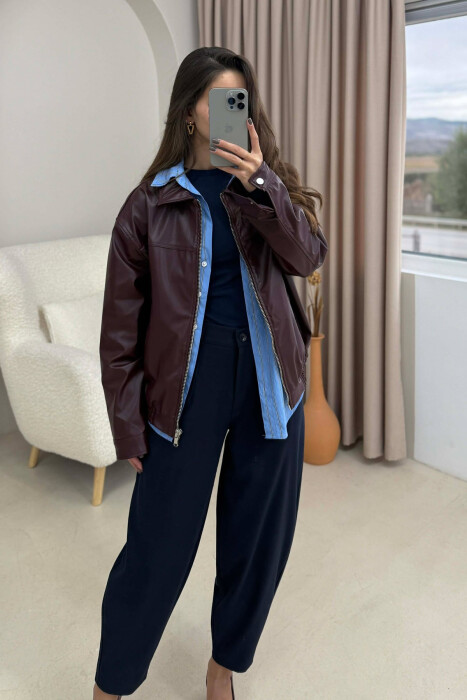 SIMPLE LEATHER WOMEN JACKET BURGUNDY/VISHNJE - 3