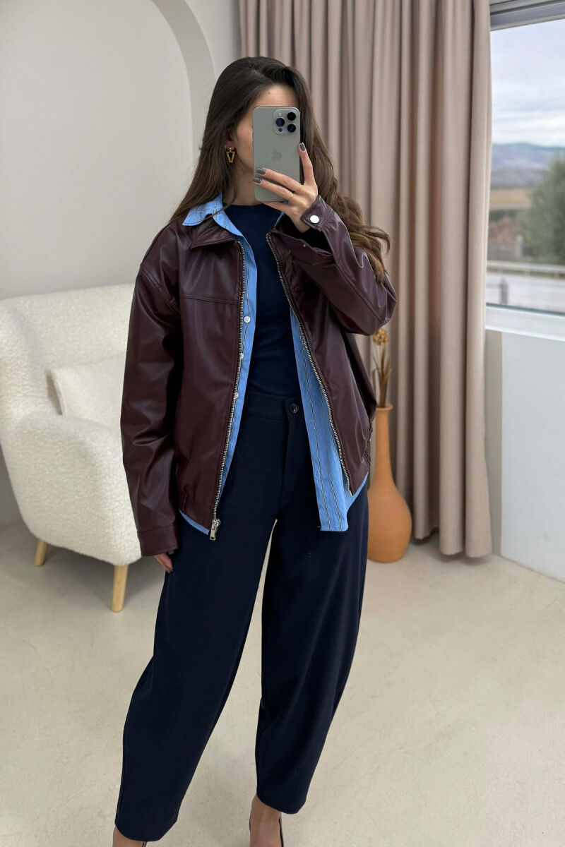 SIMPLE LEATHER WOMEN JACKET BURGUNDY/VISHNJE - 3