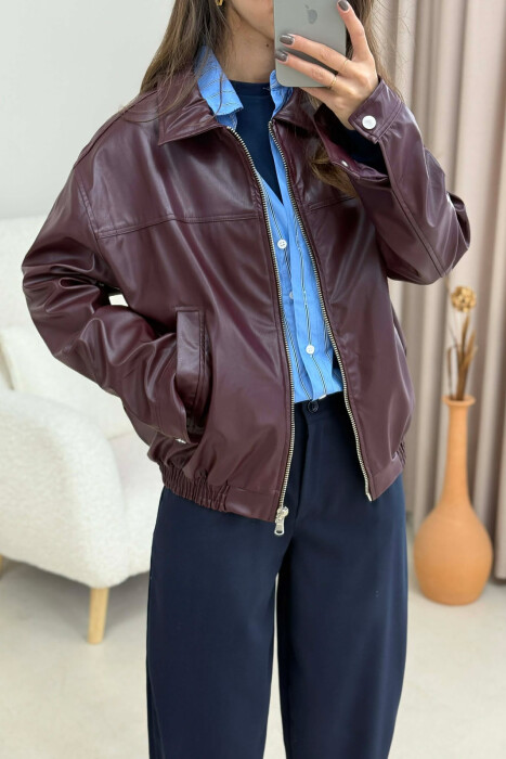 SIMPLE LEATHER WOMEN JACKET BURGUNDY/VISHNJE - 5