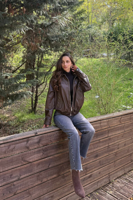 SIMPLE LEATHER WOMEN JACKET DARK BROWN/KAE - 1