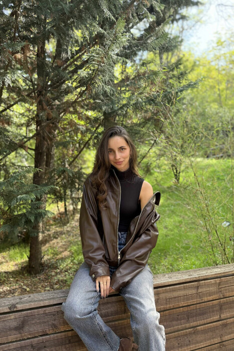 SIMPLE LEATHER WOMEN JACKET DARK BROWN/KAE - 4