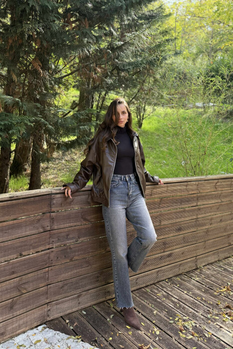 SIMPLE LEATHER WOMEN JACKET DARK BROWN/KAE - 5