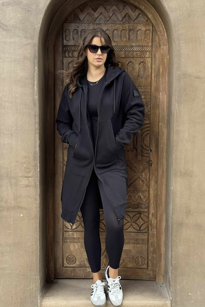 SIMPLE LONG HOOD ONE COLOR WOMEN JACKET BLACK/ E ZEZE - 4